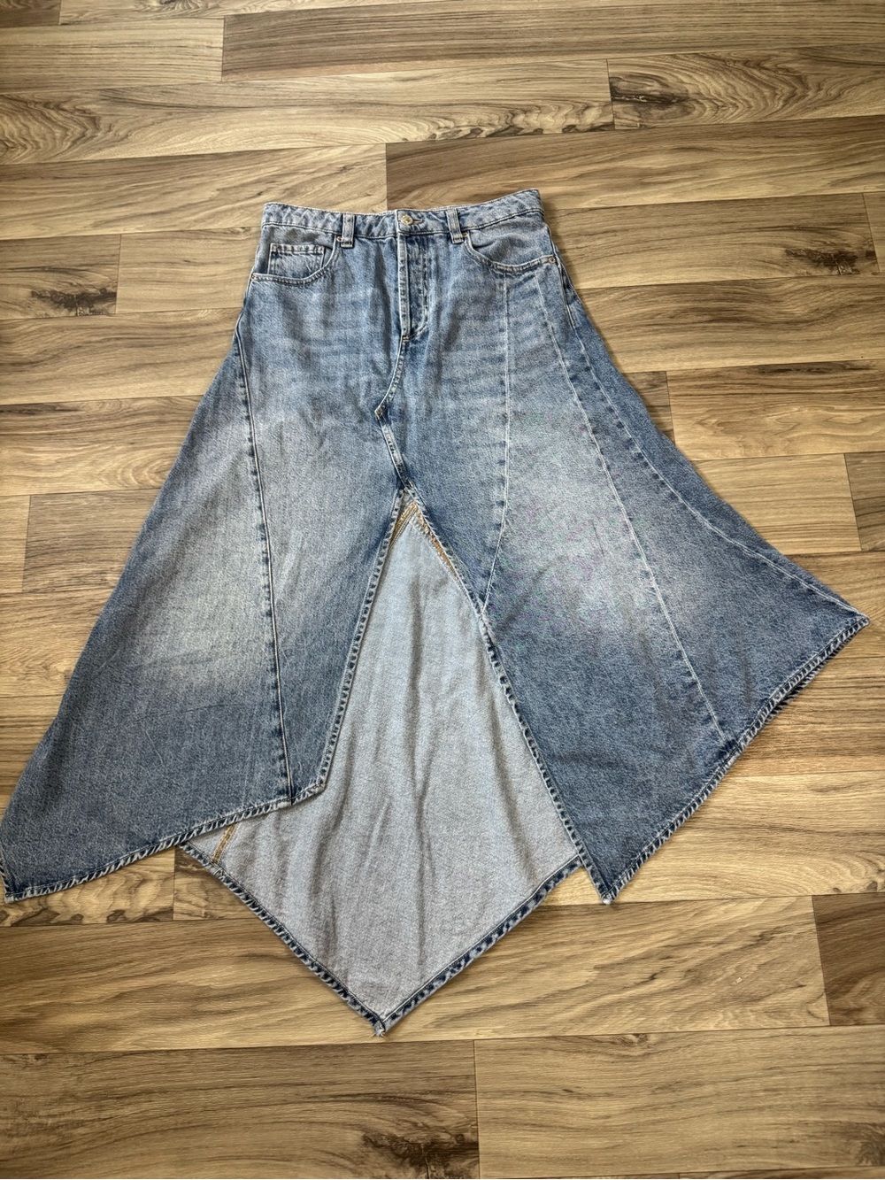 We The Free Aquarius Maxi Skirt Blue Denim Handkerchief-Hem Maxi Skirt Size 26
